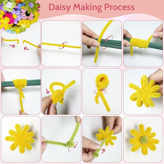500 PCS Pipe Cleaners Craft, Pipe Cleaners Flowers Kit with Handle, 20 Colors Chenille Stems with Instruction, Art and Craft Supplies, Colored Pipecleaners Bulk