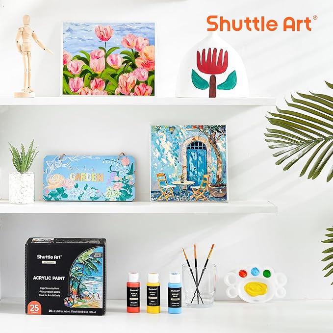 Shuttle Art Acrylic Paint, 25 Colors Acrylic Paint Set, 2oz/60ml Bottles, Rich Pigments Paint for Artists, Beginners and Kids on Canvas Rocks Wood Ceramic Fabric