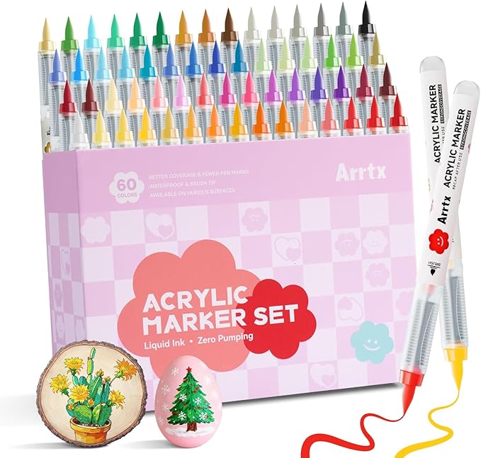 Arrtx 60 Colors Direct Liquid Ink Acrylic Marker, Brush Tip Coloring Drawing Cartoon Anime Comic, Art Supplies for Stone, Glass, Egg, Wood, DIY Crafts
