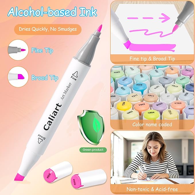 Caliart Pastel Alcohol Markers, 61 Colors Fine & Broad Chisel Dual Tip Permanent Art Markers with Carrying Case, Alcohol Based Sketch Pens for Adults Artists Coloring Painting Drawing Illustration