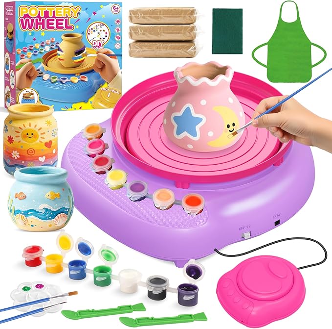 Pottery Wheel for Kids Complete DIY Pottery Painting Kit, Arts and Crafts for Kids Ages 8-12 with 3 Air-Dry Clay Packs and Tools, Art Supplies Toys Birthday Easter Gift for Boys Girls 6+ Years Old