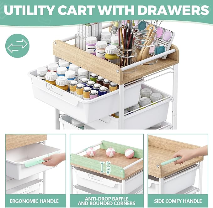 SYKIARIOL Rolling Storage Utility Cart with 4 Drawers,Kids Craft Art Cart,Makeup Organizer and Storage with Wooden Tabletop,White
