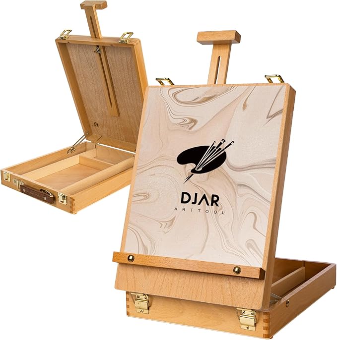 DJAR Tabletop Art Easel for Painting, Solid Beech Wood Desktop Sketchbox, Adjustable Portable Art Drawing Easel for Student Artist Beginner