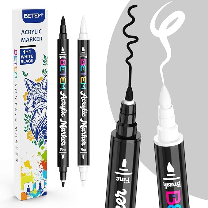 Betem Dual Tip Acrylic Paint Pens, Black & White Paint Markers for Glass, Window, Fabric, Wood, Rock, Canvas, Acrylic Markers with Fine & Brush Tip, Art & Craft Supplies, Teacher Appreciation Gift