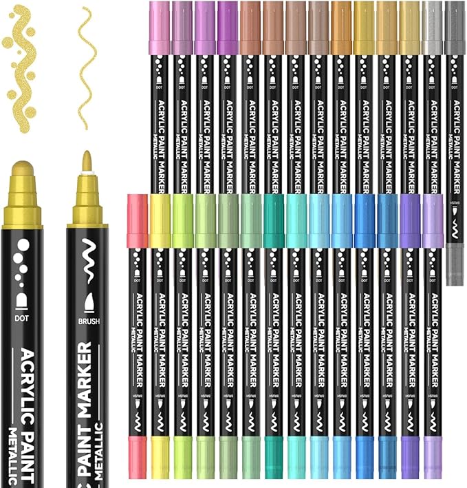 Shuttle Art 28 Metallic Colors Dual Tip Acrylic Paint Markers, Dot Tip and Fine Tip Acrylic Paint Pens for Rock, Ceramic, Wood, Canvas, Plastic, Glass, Stone, Calligraphy, Card Making, DIY Crafts