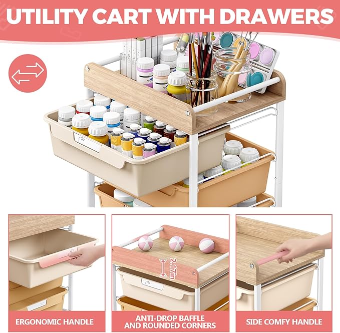 SYKIARIOL Rolling Cart with 6 Drawers,Utility Storage Cart with Drawers,Art Craft Organizers and Storage,Makeup Organizer with Wooden Tabletop,Rainbow