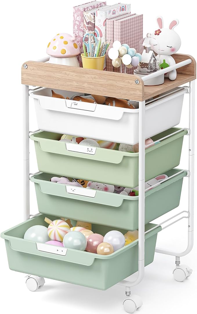 SYKIARIOL Rolling Storage Utility Cart with 4 Drawers,Kids Craft Art Cart,Makeup Organizer and Storage with Wooden Tabletop,Green