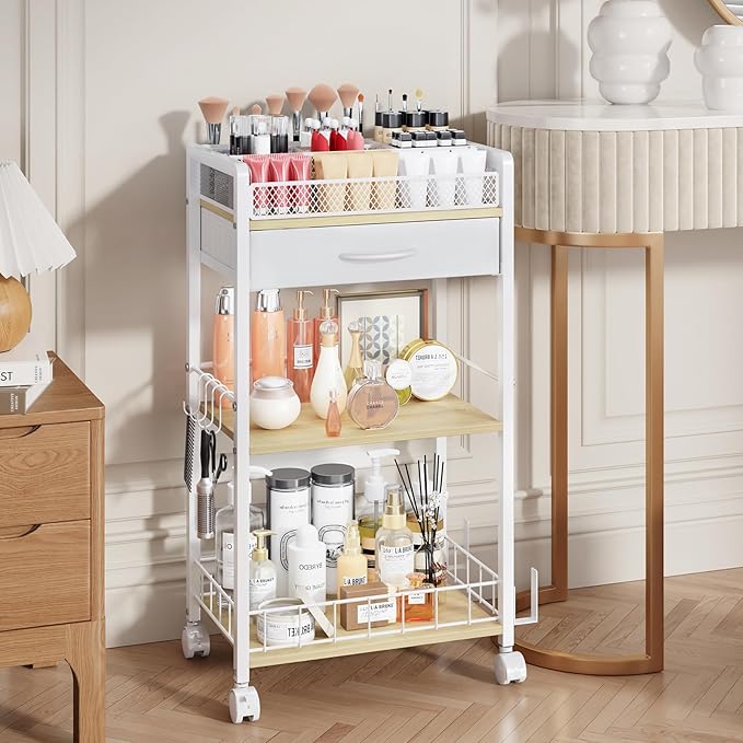 Homsorout 3 Tier Rolling Cart - Metal Utility Cart with Storage Drawer and Wheels, Versatile Art & Craft Organizer for Home, Office, or Studio Ideal for Storing Brushes, Paints, and Supplies White