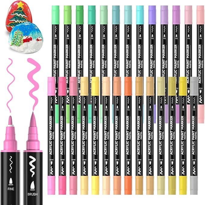 28 Pastel Colors Dual Tip Acrylic Paint Markers, Brush Tip and Fine Tip Acrylic Paint Pens for Rock Painting, Ceramic, Wood, Canvas, Plastic, Glass, Stone, Calligraphy, Card Making, DIY Crafts