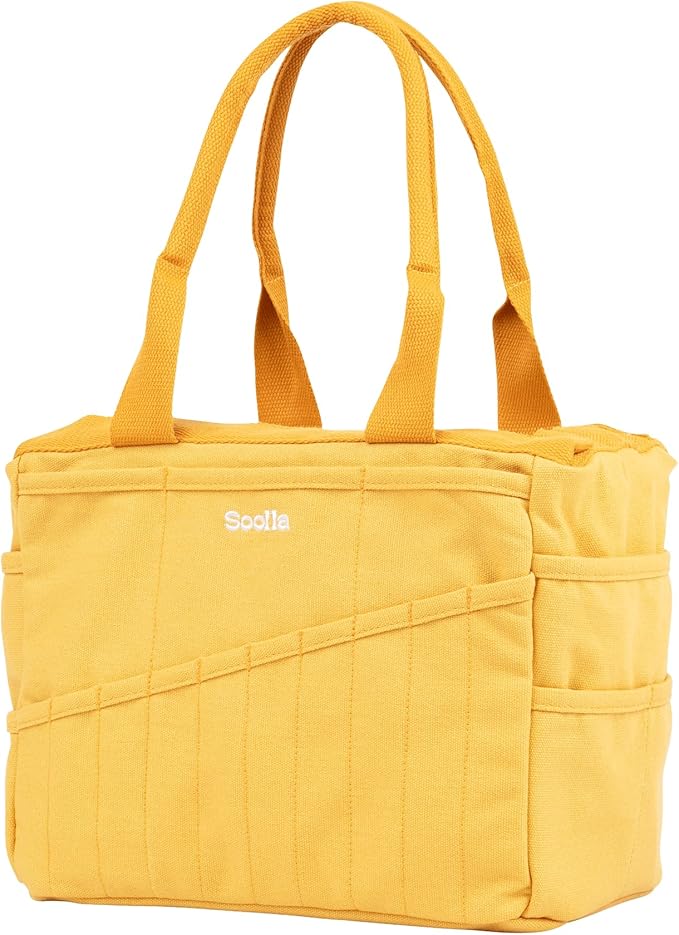 Soolla Studio Bag: Pottery Tool Bag, Art Supply Storage, Knitting Yarn Organizer, Crochet Projects, & Washable Craft Tote, 30 Pockets, 25+ Canvas Colors, Student Artist Gift (Sunset Mustard)