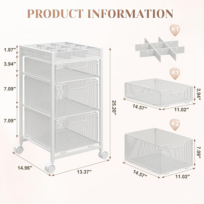 Rolling Utility Cart with 3 Drawers, Craft Organizer and Storage with DIY Divider, Lockable Wheels, Multi-Functional Storage for Art Supplies, Store for Brushes & Paints & Artifacts,White