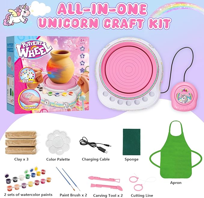 Pottery Wheel for Kids Complete DIY Pottery Painting Kit, Arts and Crafts for Kids Ages 8-12 with 3 Air-Dry Clay Packs and Tools, Unicorn Art Supplies Toys Birthday Gift for Boys Girls 6+ Years Old