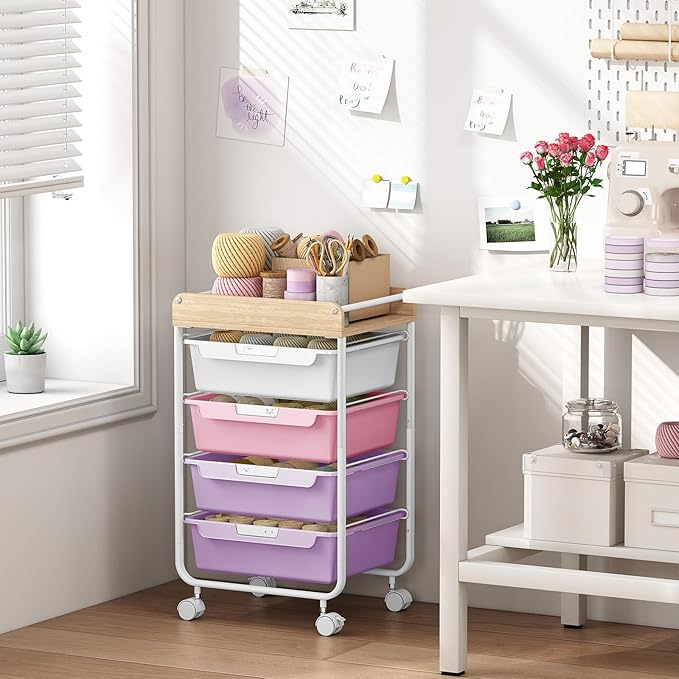 SYKIARIOL Rolling Storage Utility Cart With 4 Drawers,Kids Craft Art Cart,Makeup Organizer And Storage with Wooden Tabletop,Purple