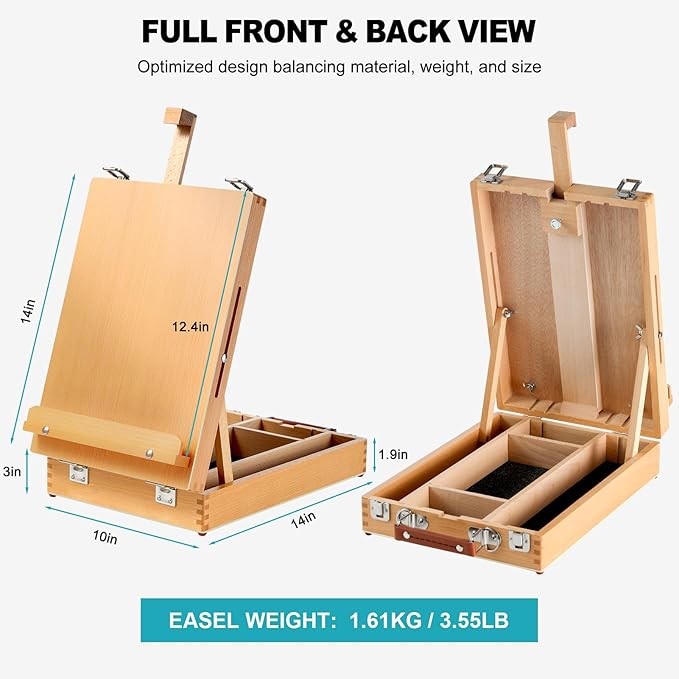 Beechwood Tabletop Easel for Painting, Portable Adjustable Sketchbox Art Easel Stand with Detachable Shoulder Strap for Beginners and Art Lovers