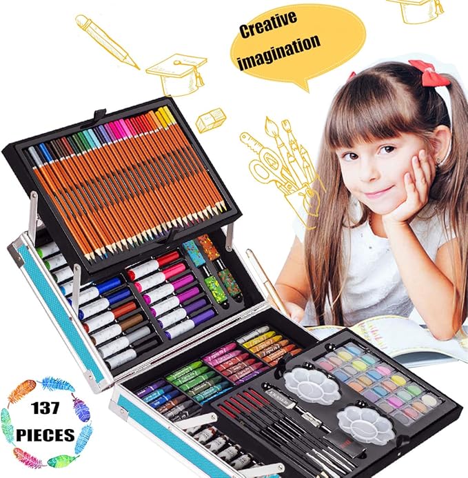 KINSPORY Deluxe Art Supplies Kit for Kids, Boys, Girls, Teens, Ages 5-12, with Sketch Pad, Watercolors, Crayons, Pencils, Markers, Oil Pastels, Palettes, Brushes, Erasers - Blue