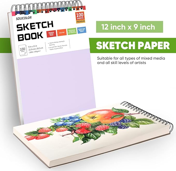 Soucolor 9" x 12" Aesthetic Sketch Book, 1-Pack 100 Sheets School Supplies Cute Sketchbook for Women, Japanese Stationary Sketching Supplies for Kids Teen Girl Gifts Birthday Gifts, Pastel Purple