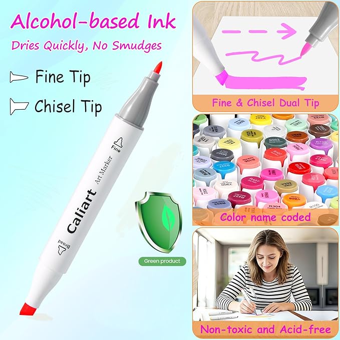 Caliart Markers, 100 Colors Dual Tip Art Markers Sketch Pens Permanent Alcohol Based, with Case for Adults Artists Drawing Illustration Sketching Coloring (White Barrel)