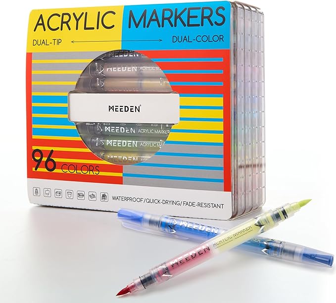 MEEDEN Acrylic Paint Markers Dual Tip: 96 Colors/48 Pcs Brush Tip Acrylic Marker with Automatic Ink Control for Art Supplies - Quick Dry Paint Pens for Rock, Wood, Glass, Easter Basket Stuffers