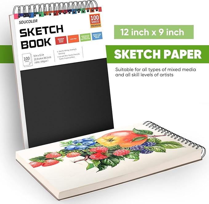 Soucolor 9" x 12" Sketch Book, 100 Sheets Top Spiral Bound Sketchbook with Acid-Free 68lb/100gsm Thick Drawing Paper, Art Sketch Pad for Kids, Adults & Artist, Professional Art Supplies for Beginners