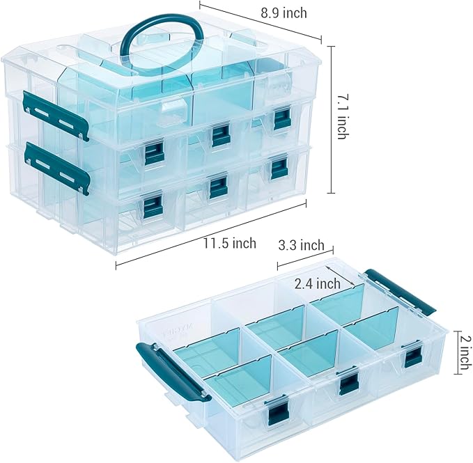 MyGift 11 Inch Clear Arts and Crafts Stackable Container, Sewing Supplies Storage Organizer Case with Blue Accents, 24 Customizable Compartments, and 6 Drawers with Removable Dividers