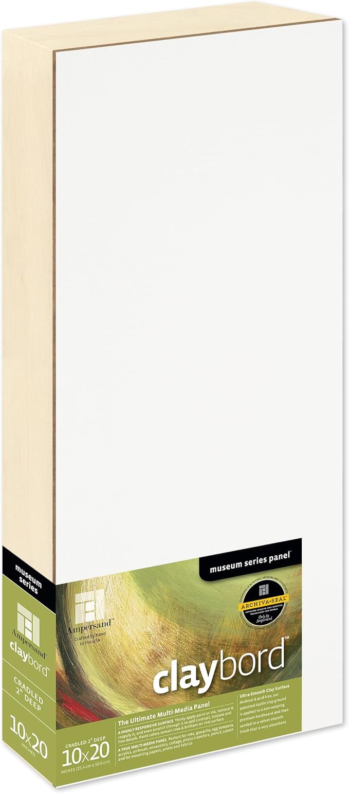 Ampersand Art Supply Claybord | 10" x 20" | 2" Cradled Profile | Kaolin Clay Painting Panel for Acrylic, Ink, Watercolor & Mixed Media | Canvas & Paper Alternative