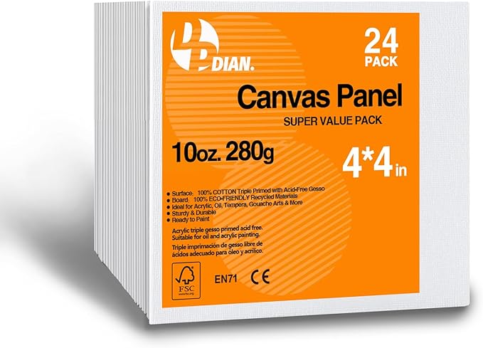 Canvas Boards for Painting 4x4 Inch, 24-Pack Bulk Canvas Value Pack - Blank Paint Canvas Panels for Acrylic, Oil, Watercolor, Tempera, Gouache