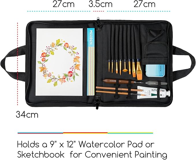 MEEDEN Sketch Bag: Portable Artist Sketch Portfolio Case for 9" x 12" Sketchbook & Watercolor Pads - Zippered Art Travel Bag for Brushes, Pens, Pencils & Art Supplies