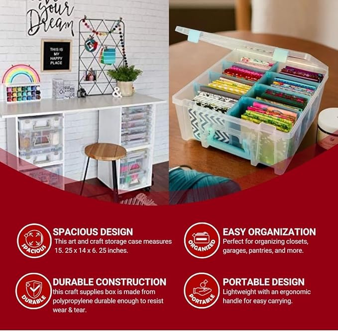 ArtBin 6990SA Super Satchel Double Deep Compartment Box - Art Storage with 8 Removable Compartments, Smart Closure for Craft Supplies (Clear & Aqua- Pack of 1)