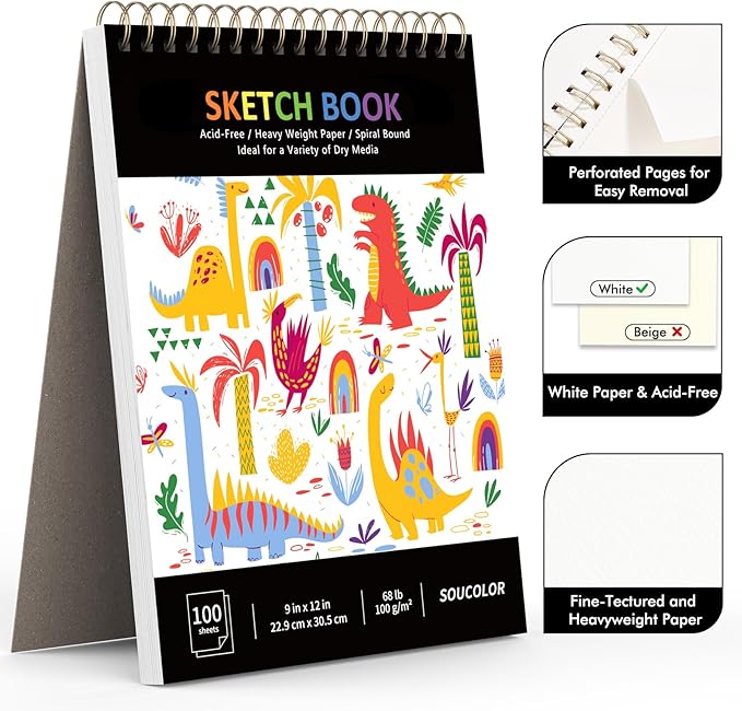 Soucolor 9" x 12" Sketch Book, 100 Sheets Spiral Bound Art Sketchbook, Acid Free Artist Drawing Book Paper,Sketch Book for Kids, Craft Activities, Sketch Paper for Drawing Coloring Sketching