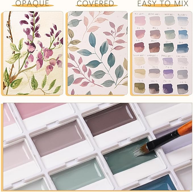 Fuumuui Watercolor Paint Set- 24 Color Opaque Semi-Moist Watercolor Paint, Gray Palette Sets Professional Adult Beginner Artist Supplies for Realistic Landscape Portrait Art Painting