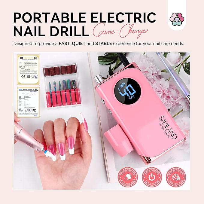 SAVILAND Professional Nail Drill : 40000RPM Rechargeable Pink Nail Drill Kit Electric Filer with 6000mAh Battery for Shaping, Removing & Polishing Acrylic Nails Home Salon Manicure Pedicure Ideal Gift