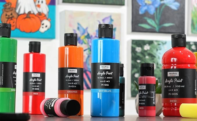 Nicpro 12 Colors Large Bulk Acrylic Paint Set (8.45 oz,250 ml) Rich Art Painting Supplies, Non Toxic for Multi Surface Rock Canvas Wood Ceramic Leather Fabric Craft, for Adult with Color Wheel
