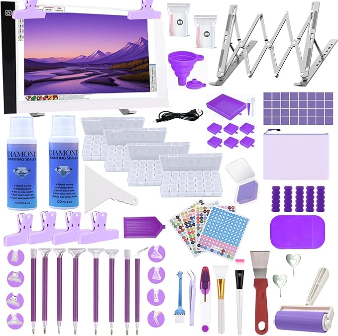 NLXCXUCY 244Pcs Diamond Art Accessories Kit All-Inclusive Diamond Painting Tool Set with A2 Diamond Painting Light Pad,Diamond Art Sealer Glue, Diamond Correction Pens, Storage Box for DIY Craft