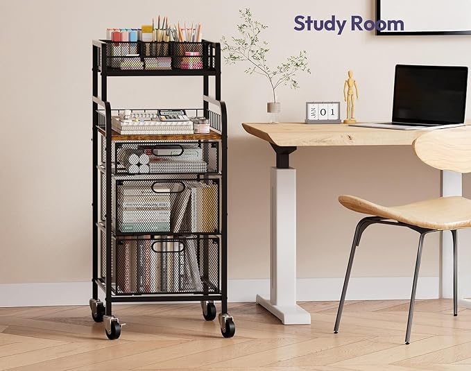 SWTYMIKI Rolling Cart with Drawers - Metal Craft Cart with Wheels, DIY Divider and Wood Shelf, Art Supply Organizer Craft Organizer and Storage, Utility Storage Cart for Home Office Studio, Espresso