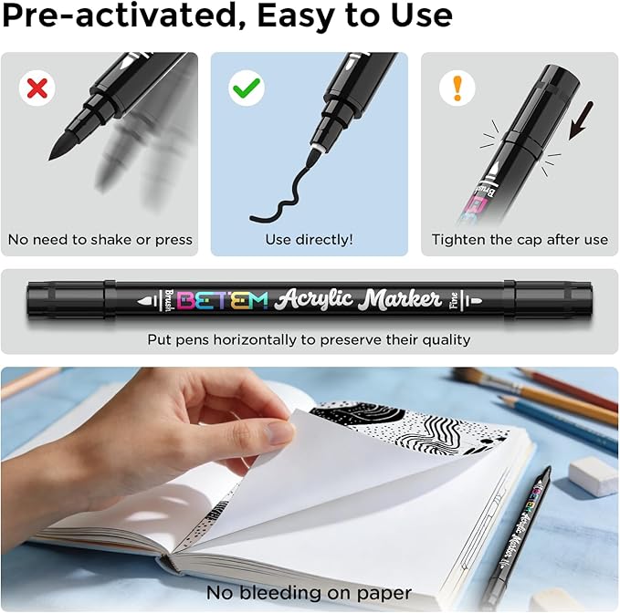 Betem Dual Tip Acrylic Paint Pens, 2 Black Paint Markers for Glass, Window, Fabric, Wood, Rock, Canvas, Acrylic Markers with Fine & Brush Tip, Art & Craft Supplies, Teacher Appreciation Gift