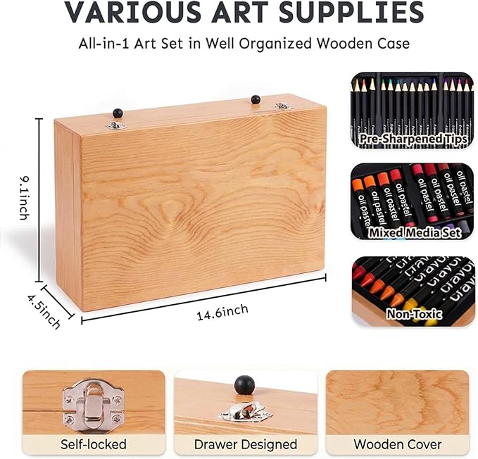 175-Pack Deluxe Wooden Art Set Drawing Painting Kit with 2 Drawing Pads, Acrylic Paints, Colored Pencils, Crayons, Paint Brush, Art Kit in Wooden Case, Gift for Artist, Adults, Teens and Kids