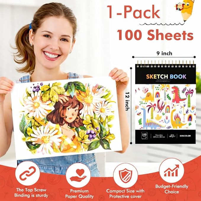 Soucolor 9" x 12" Sketch Book, 100 Sheets Spiral Bound Art Sketchbook, Acid Free Artist Drawing Book Paper,Sketch Book for Kids, Craft Activities, Sketch Paper for Drawing Coloring Sketching