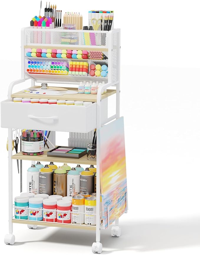 Homsorout Art cart, 3 Tier Rolling Cart - Utility Cart with Storage Drawer and Wheels, Versatile Art & Craft Organizer for Home, Office, or Studio Ideal for Storing Brushes, Paints （ White）