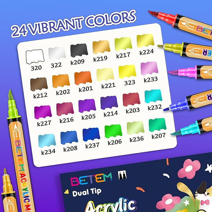 Betem Dual Tip Acrylic Paint Pens, 24 Metallic Paint Markers for Glass, Window, Fabric, Wood, Rock, Canvas, Acrylic Markers with Fine & Brush Tip, Art & Craft Supplies, Teacher Appreciation Gift