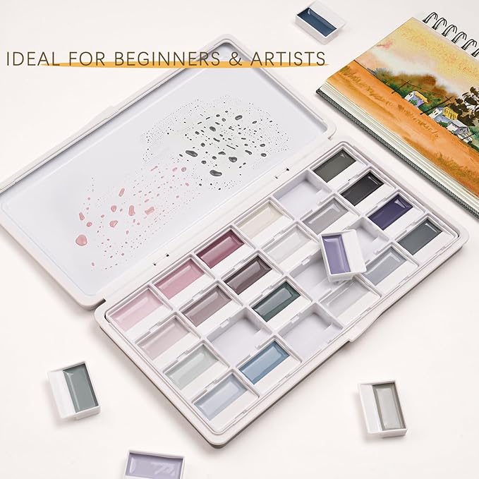 Fuumuui Watercolor Paint Set- 24 Color Opaque Semi-Moist Watercolor Paint, Gray Palette Sets Professional Adult Beginner Artist Supplies for Realistic Landscape Portrait Art Painting