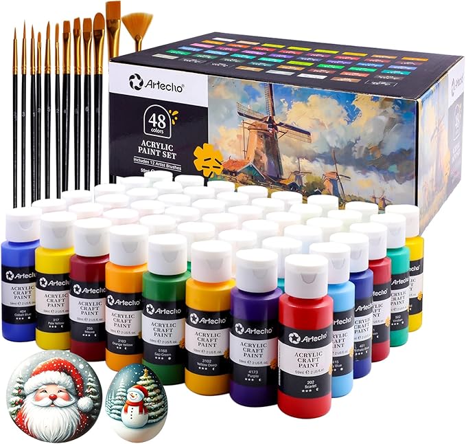 Artecho 48 Colors Acrylic Paint Set (2oz/59ml) with 12 Brushes, Craft Paints for Canvas, Wood, Rock Painting & Fabric, Rich Pigment Non Toxic Art Supplies for Artists & Beginners