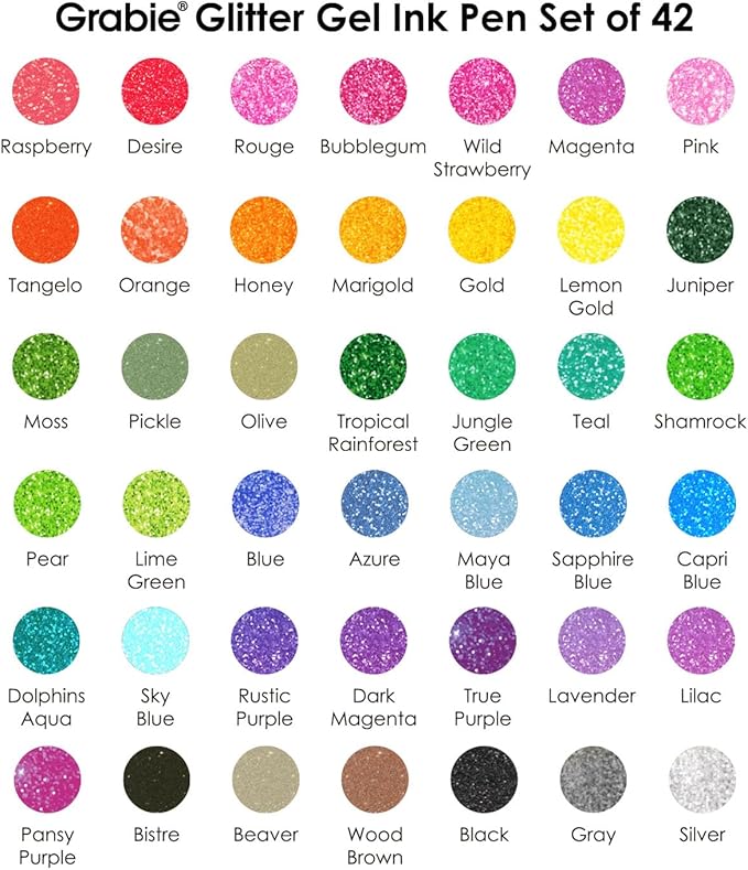 Grabie Set of 42 Glitter Gel Pens Set, Silver Sparkle Ink, 1.0mm Fine Tip Gel Pens for Adult Coloring Books, Journaling, Drawing, Scrapbooking, Smooth Writing Art Supplies