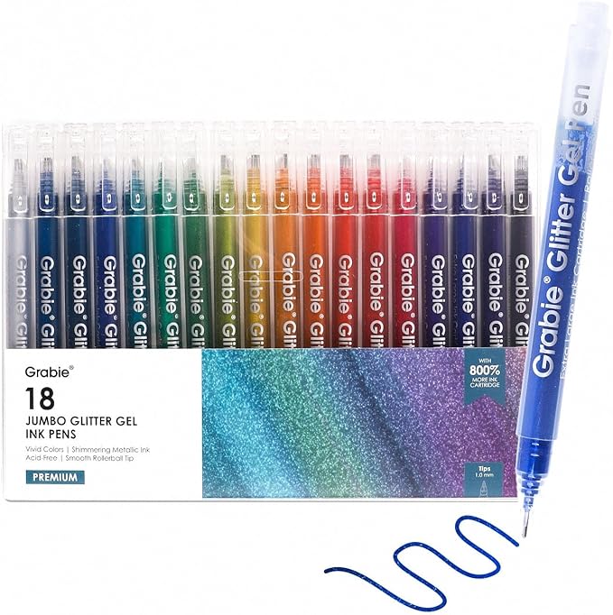 Grabie Jumbo Glitter Gel Pens Set of 18, Metallic Sparkle Gel Ink Pens, Large Capacity Vibrant Glitter Pens for Coloring Books, Drawing, Journaling, Scrapbooking & DIY Crafts, Smooth Writing Art Pens
