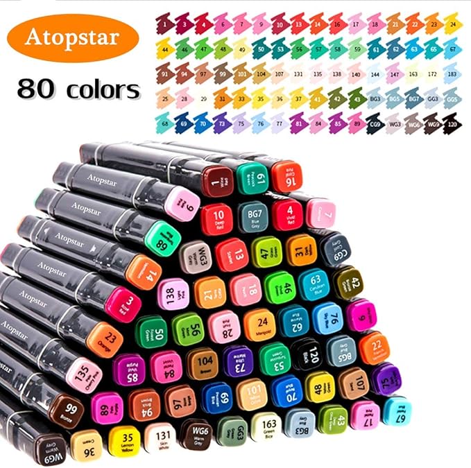 ATOPSTAR 80 Colors Alcohol Markers Artist Drawing Art for Kids Dual Tip Adult Coloring Painting Supplies Perfect Boys Girls Students Adult(80 Black Shell)