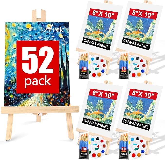 AROIC 52 PCS Canvas and Easel Set，Painting Set with Easels, 4 Wood Easels,40 Brushes with Nylon Brush Head,4 Drawing Boardart and 4 Palette, Painting Supplies kit for Adults to Painting Party