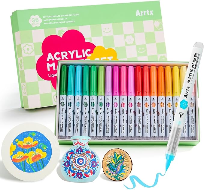Arrtx 36 Colors Direct Liquid Ink Acrylic Paint Pens for Rock Painting, Brush Tip Acrylic Pen, Acrylic Markers, Waterproof Paint Marker, Art Supplies for Stone, Glass, Egg, Wood, DIY Crafts