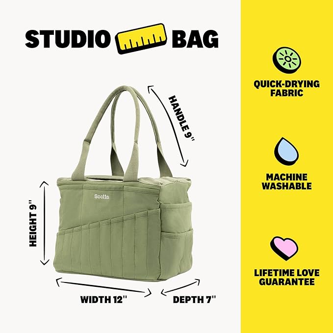 Soolla Studio Bag: Pottery Tool Bag, Art Supply Storage, Knitting Yarn Organizer, Crochet Projects, & Washable Craft Tote, 30 Pockets, 25+ Canvas Colors, Student Artist Gift (Ganja Green)
