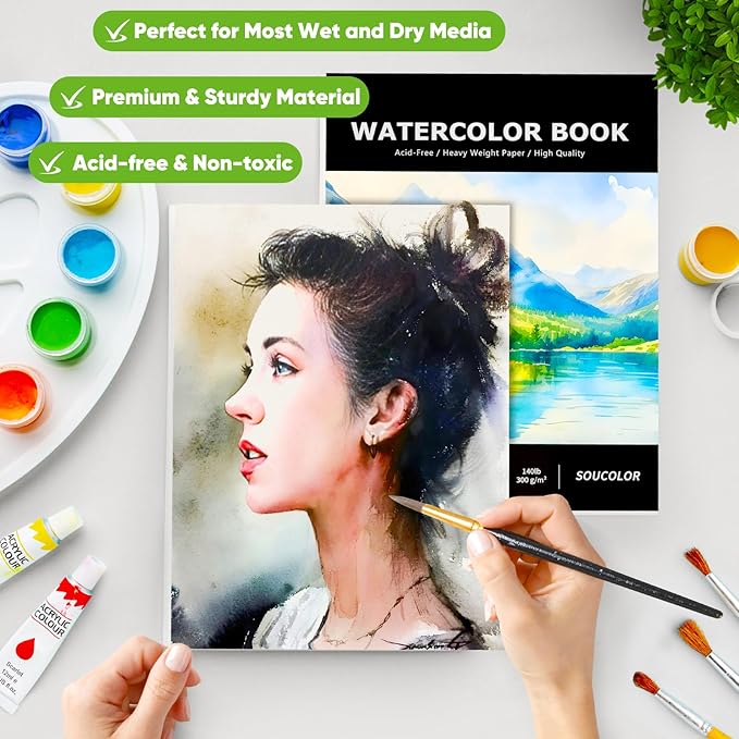 Soucolor 40 Sheets Watercolor Paper Pad, 9"x12" Water Color Paper, 140lb/300gsm Artist Painting Drawing Paper Book, Art Supplies for Adults, Watercolor Paint Set, Sketchbook, Journal, Notebook