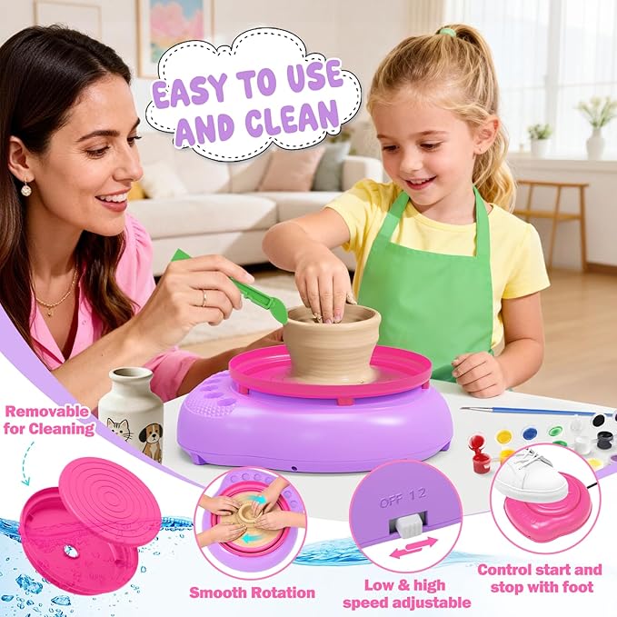 Pottery Wheel for Kids Complete DIY Pottery Painting Kit, Arts and Crafts for Kids Ages 8-12 with 3 Air-Dry Clay Packs and Tools, Art Supplies Toys Birthday Easter Gift for Boys Girls 6+ Years Old