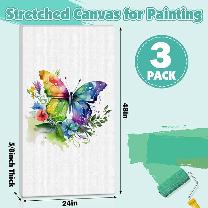 ESRICH Long Canvas for Painting 24x48 Inch, 3Pack Stretched Canvas for Painting, Primed Acid-Free Cotton Rectangular Blank Canvases, Art Paint Canvases for Oil,Watercolor,Acrylic Paint,Gouache
